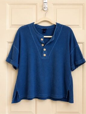Blue Cropped Cotton Waffle Knit Henley Top Short Sleeve Coastal Mid Size Fashion